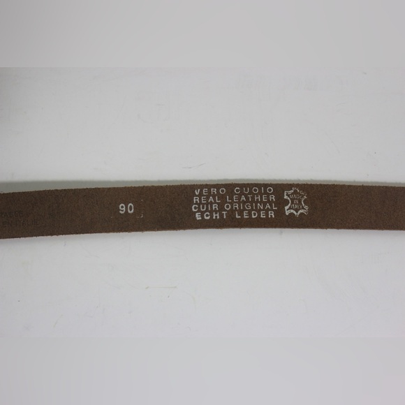 PUNTO FIBBIA Italian Leather Belt Painted Green Crackle Long Brass Buckle Skinny - Picture 8 of 10